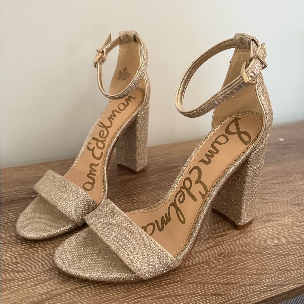 Sam Edelman Glitter Ankle Strap Block Heels in Metallic Gold